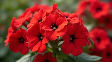 Close-up view of a vibrant cluster of deep red phlox flowers, showcasing their delicate petals and intricate details against a softly blurred green background.