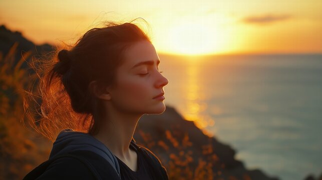 Woman Practicing Bodyflex at Sunset