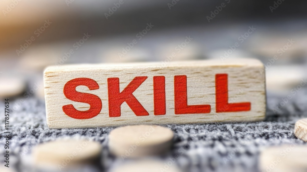 Poster wooden block with the word 'skill' printed in bold red letters, surrounded by circular game pieces o
