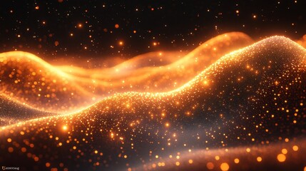 Abstract glowing orange particles forming wavy landscape.