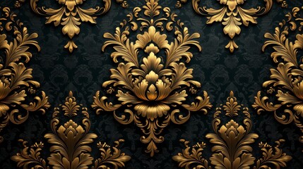 Elegant gold damask pattern on dark background.