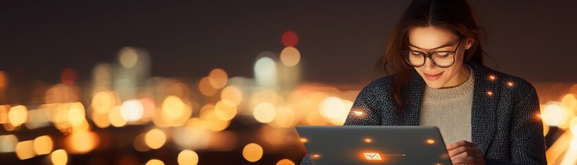 Fototapeta premium Young woman working on laptop at night with city lights in the background, showcasing creativity and productivity in a modern urban setting