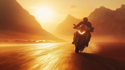 Motorbike rider speeding through mountain roads at sunset, highlighting adventure, speed, and freedom.