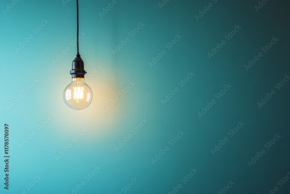 Poster a simple light bulb hangs elegantly against a solid teal background, creating a minimalist touch in 