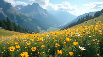 Fototapeta premium Vibrant Wildflower Meadow in the Alps, Sunlit Mountain Valley, Abundant Yellow and White Blooms, Breathtaking Panorama