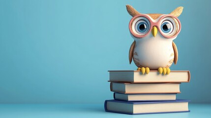 Cute cartoon owl perched on stack of books.