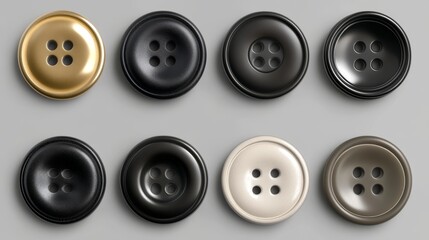 Realistic 3D set of buttons for clothes, perfect for fashion, sewing, and craft designs, showcasing detailed textures.