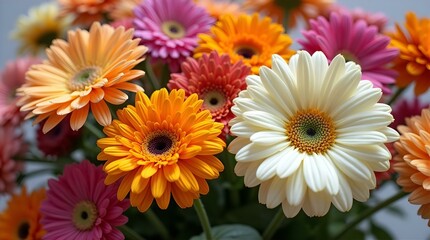 A Close-Up View of a Vibrant Bouquet of Gerbera Daisies in a Variety of Colors, Including Orange, Pink, White, and Peach, with a Focus on the Center of the Image.
