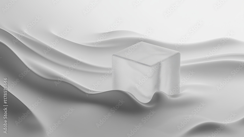 Poster a clear ice cube rests on smooth, white fabric, surrounded by gentle waves and soft shadows, creatin