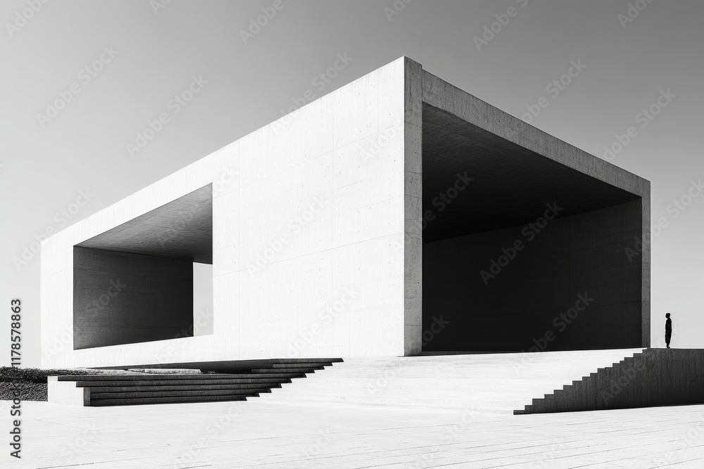 Poster a tall building with a large open space in the middle. a person is standing in front of the building