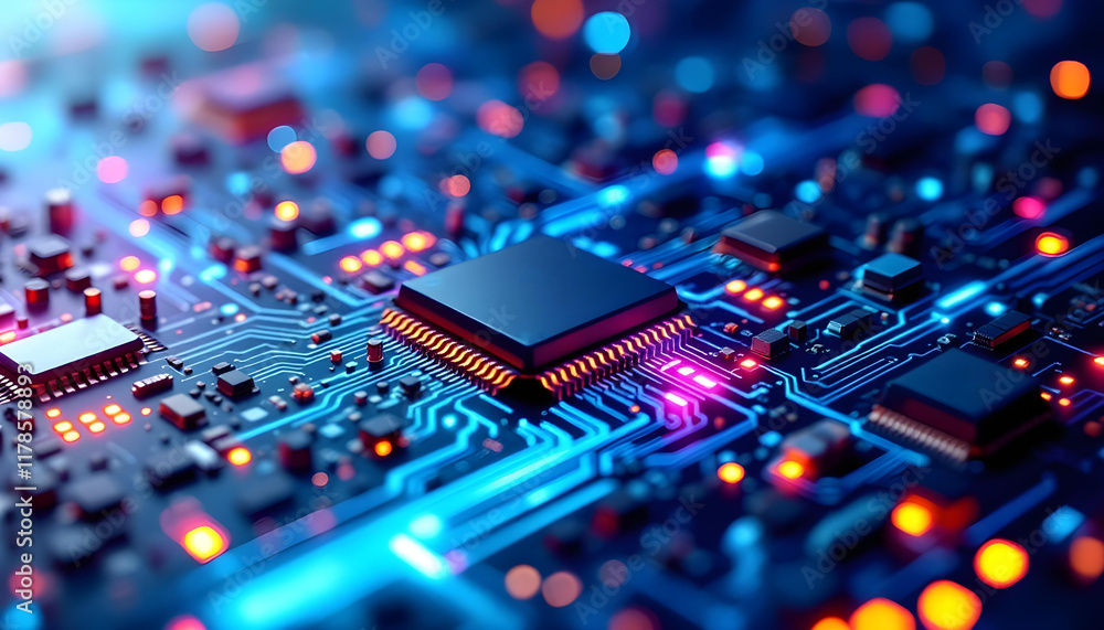 Poster high-tech circuit board background, abstract digital technology presentations, electronic components