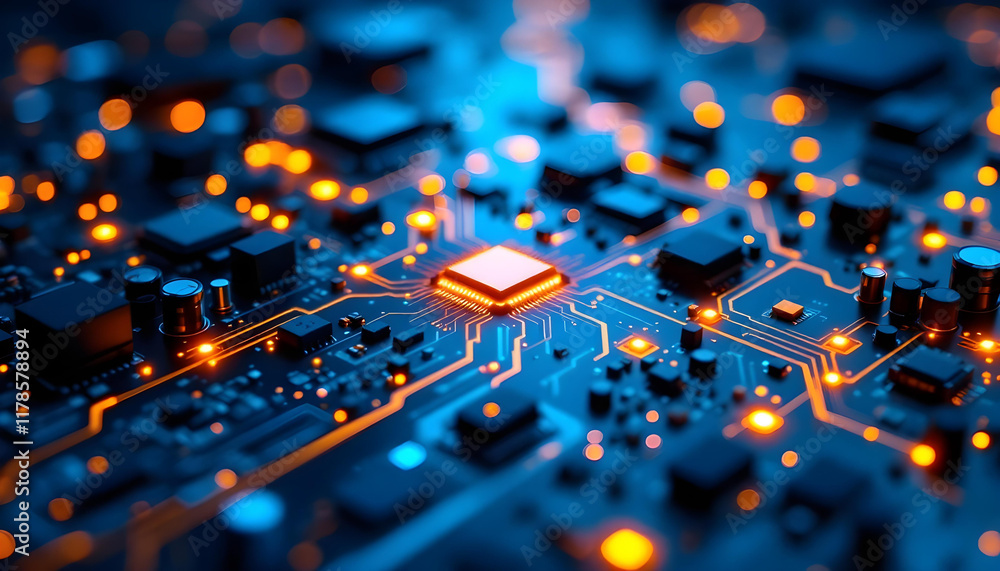 Poster high-tech circuit board background, abstract digital technology presentations, electronic components