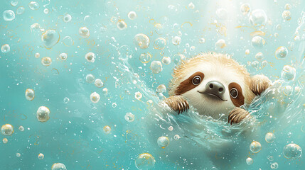 playful sloth swimming in bubbly turquoise pool, radiating joy and tranquility