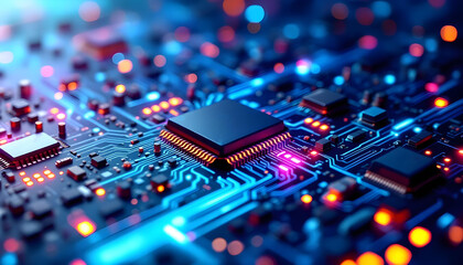 High-tech circuit board background, abstract digital technology presentations, electronic components, digital infrastructure, blue tech theme, modern electronics evolution expansion background image