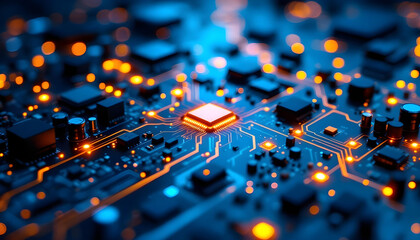 High-tech circuit board background, abstract digital technology presentations, electronic components, digital infrastructure, blue tech theme, modern electronics evolution expansion background image
