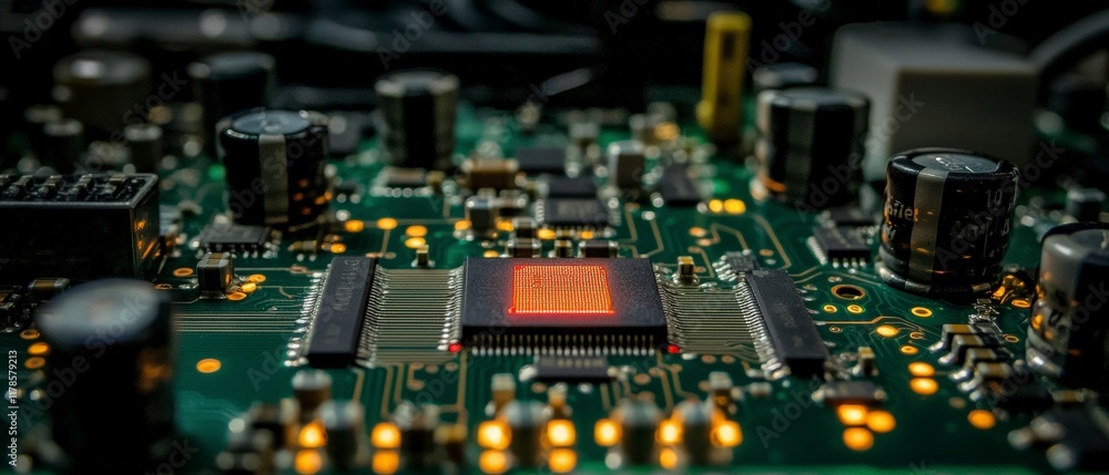 Poster glowing microchip on circuit board tech innovation close up