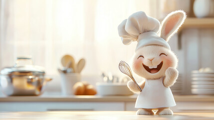 fluffy bunny chef smiling and holding whisk in bright kitchen