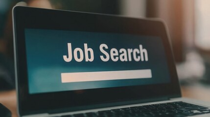Laptop Screen Displaying Job Search Interface with Bold Text and Empty Search Bar, Signifying Digital Employment Opportunities and Online Recruitment Process