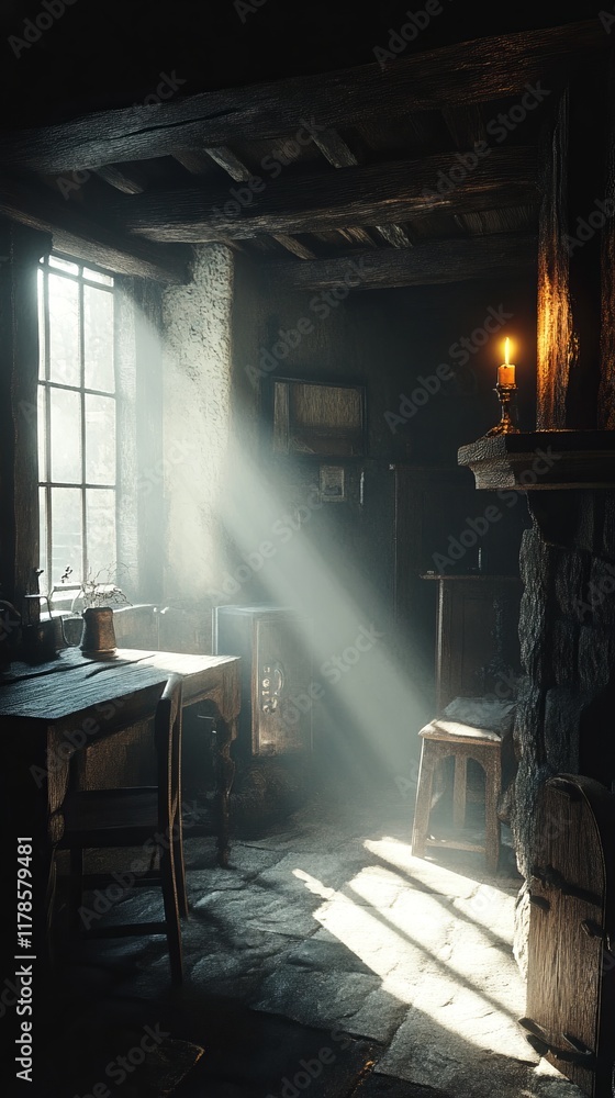 Poster a tranquil rustic room with sunlight streaming through a window, creating beautiful light and shadow
