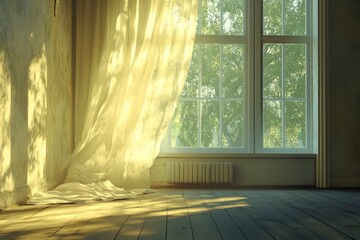 A serene room featuring a sheer curtain softly illuminated by morning sunlight, highlighting a peaceful interior ambiance with a touch of nature outside.