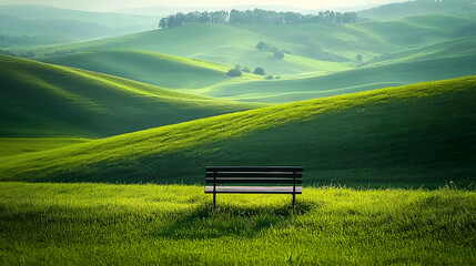 Fototapeta premium Serene Bench in Rolling Green Hills