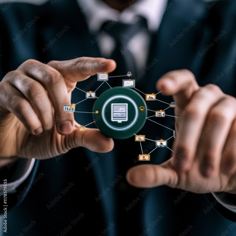 Poster businessman holding global network iot ai data analytics and cloud computing