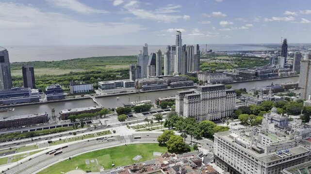 Drone flies northeast backwards over Casa Rosada in Buenos Aires, Argentina