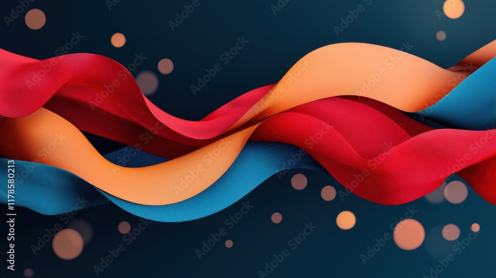 Poster a vibrant composition of flowing ribbons in red, orange, and blue against a dark background, creatin