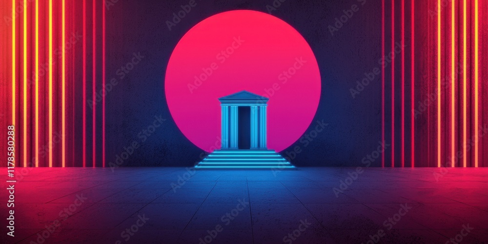Aufkleber a vibrant abstract scene featuring a temple-like structure framed by bold neon colors and a large ci