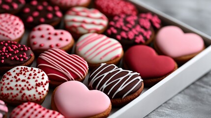 Obraz premium A box of assorted heart shaped cookies on a table