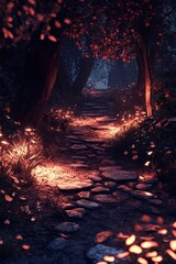 A captivating forest pathway at night, accented by soft glowing lights and scattered leaves, creating an enchanting and serene atmosphere for exploration.