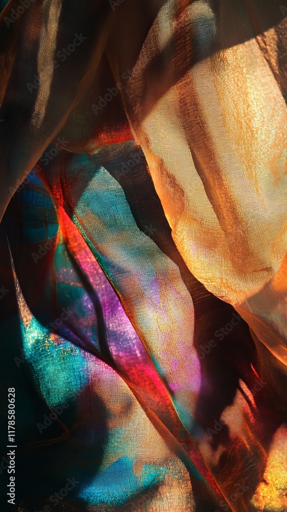 Poster close-up of colorful fabric with sunlight casting vibrant patterns, creating a dynamic interplay of 