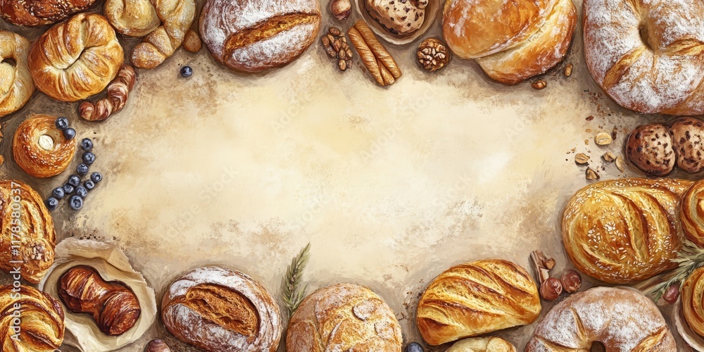 Poster a colorful array of freshly baked bread and pastries displayed on a wooden tabletop, creating a deli