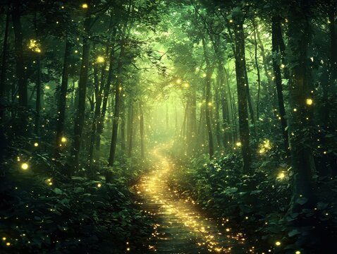 A tranquil celestial forest where radiant vines climb crystalline trees, creating a canopy of light. Streams of glowing water wind through the terrain, casting shimmering reflections onto the 