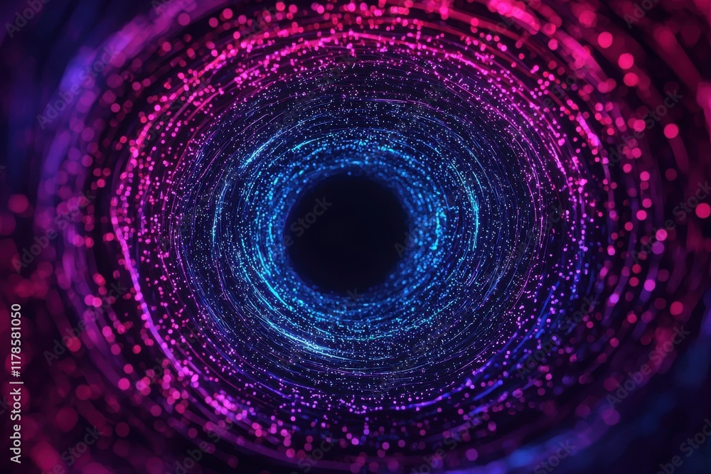 Poster a mesmerizing vortex of swirling blue and purple particles, creating a captivating tunnel effect tha