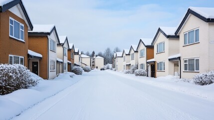 Fototapeta premium Mindfulness and meditation method, A serene winter scene featuring a quiet street lined with cozy homes blanketed in fresh snow under a clear sky.