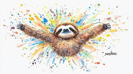 playful sloth with outstretched arms, surrounded by colorful splashes of paint, radiates joy and sunshine