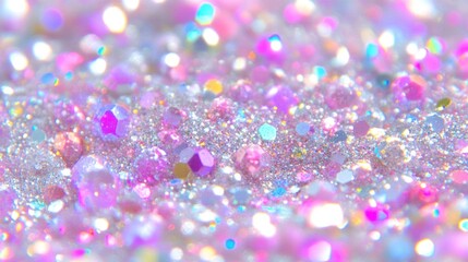 Sparkling glitter texture with pink, purple, and white iridescent crystals.