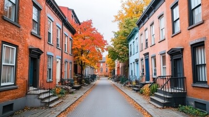Mindfulness and meditation method, A charming street lined with colorful brick houses and vibrant autumn leaves, creating a picturesque neighborhood scene.