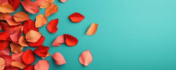 Colorful autumn leaves scattered on a bright turquoise background create a vibrant, artistic composition ideal for seasonal themes.