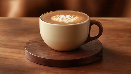 Obraz premium A cup of latte art on a wooden coaster, warm tones, and a clean, muted background