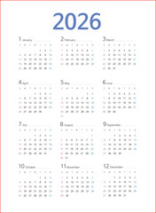 2025, 2026 monthly calendar vector