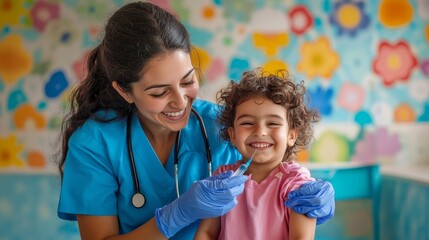 Pediatric Nurse Administering Vaccine to Smiling Child in Vibrant Clinic Setting