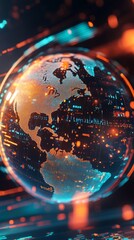 A digital globe illuminated with neon lights, symbolizing global connectivity and technological progress.