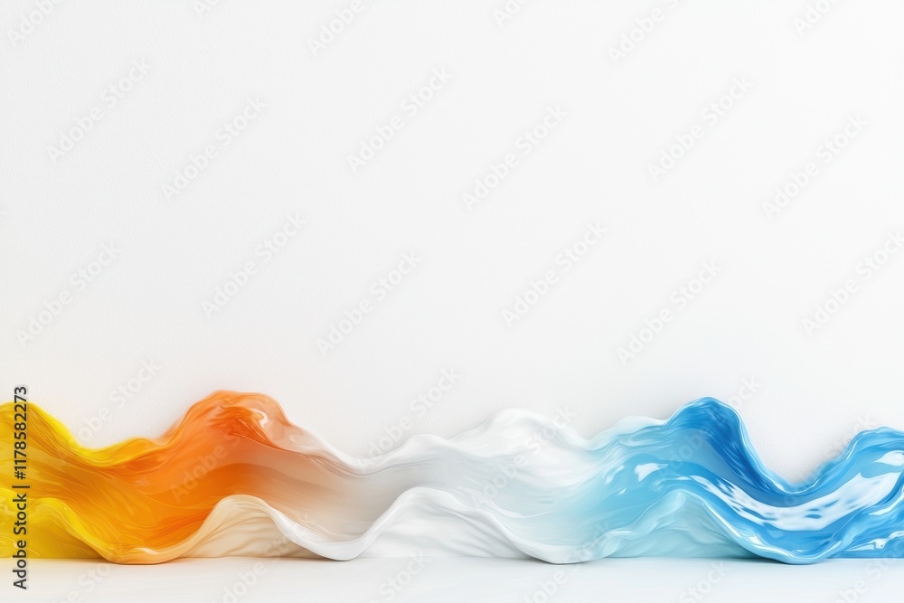 Poster a colorful wave-like pattern in vibrant hues of orange, yellow, and blue against a white background,