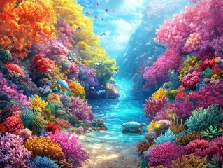 Naklejka premium A tranquil underwater world glowing with radiant coral reefs. Ethereal sea turtles glide gracefully through the vibrant waters, their bioluminescent shells casting shimmering reflections onto 