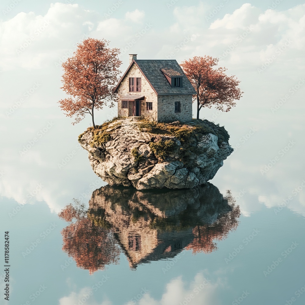 Poster a serene house rests on a floating island, reflecting in calm waters. surrounded by gentle trees and