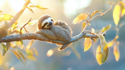 sloth resting peacefully on tree branch, surrounded by soft sunlight and green leaves, evokes sense of tranquility and calmness