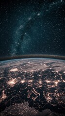 Obraz premium Global Network Earth at Night Illuminated Cities Space View Milky Way Galaxy