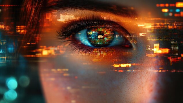 Artificial computerized intelligence with a view of a woman's eye and a computer profile in red.